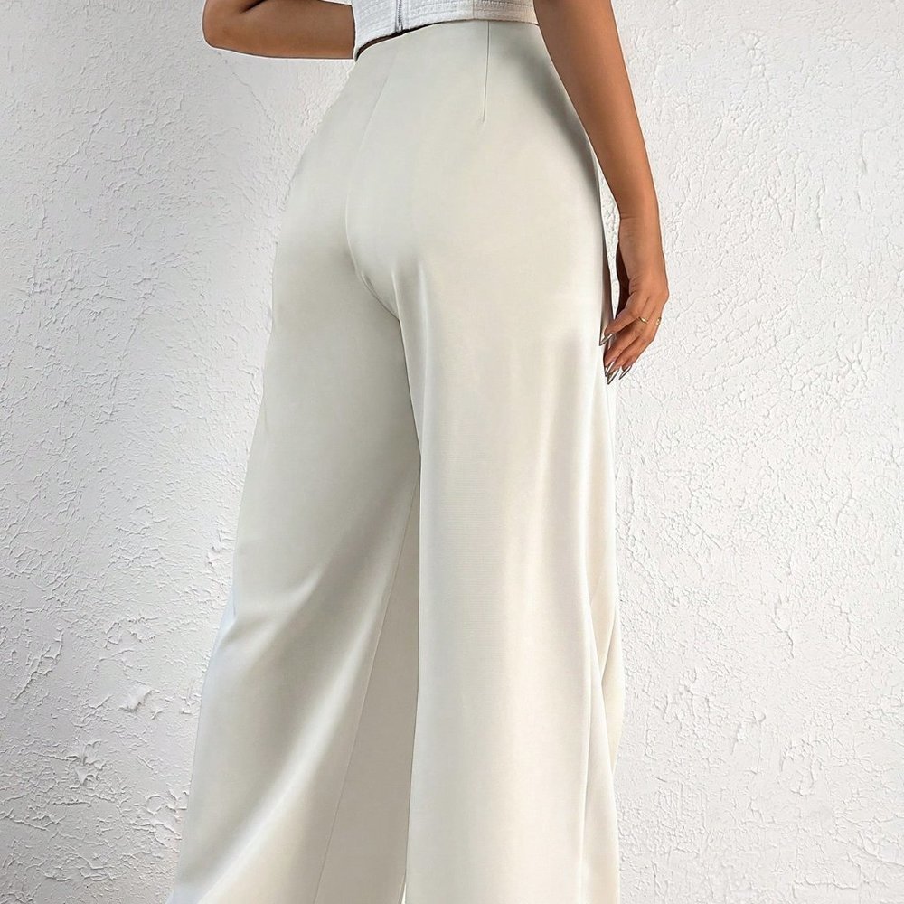 White Casual Womens High Waist Plicated Detail Wide Leg Pants - Picture 2 of 5